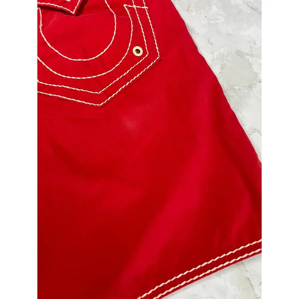 True Religion Big T Boardshort SIZE 33 Red White Stitch Cotton Swim Shorts EUC